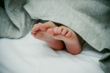baby feet on the bed close-up