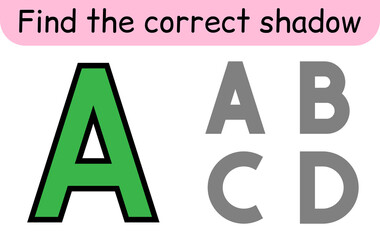 Find the correct shadow. Kids game. Educational matching game for children. Alphabet theme
