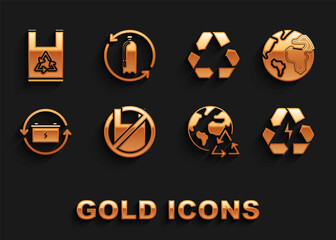 Set Say no to plastic bags poster, Earth globe, Battery with recycle symbol, Planet earth and recycling, Recycle, Plastic and Recycling bottle icon. Vector