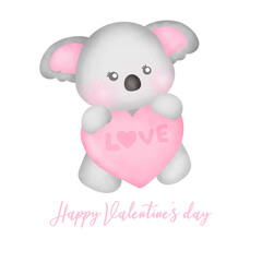  Valentine's day with cute koala greeting card in watercolor style.