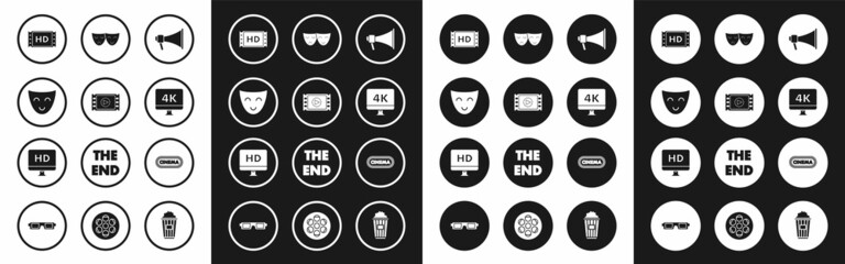 Set Megaphone, Play Video, Comedy theatrical mask, 4k movie, tape, frame, Computer PC monitor with video technology, and tragedy masks, Cinema poster design template and HD icon. Vector