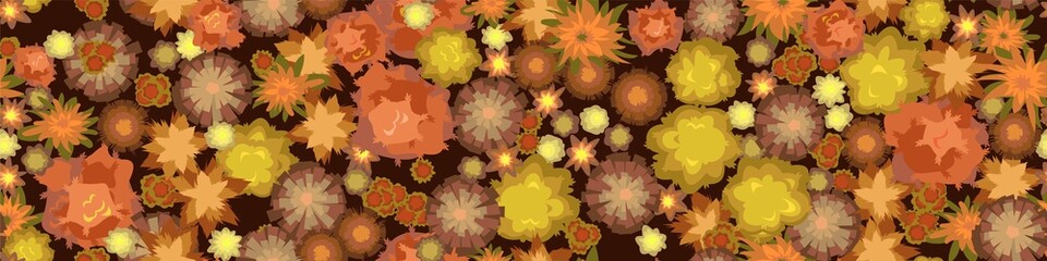 Obraz premium Autumn landscape top view. Scene with yellow and orange trees and bushes from height. Above countryside. Cartoon style illustration. Seamless pattern Vector