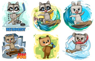 Set of cartoon animals. Sports scene with pets. Beautiful baby kids. Cute little funny characters. Isolated on white background. mouse, raccoon, bear, hare, cat. Vector