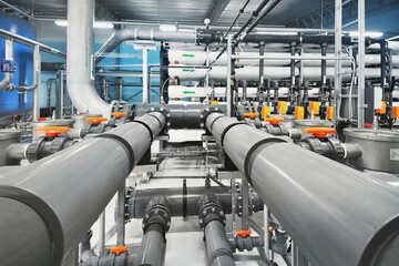 Reverse osmosis industrial city water treatment station. Wide angle perspective. Technology, chemistry, heating, work safety, supply, infrastructure