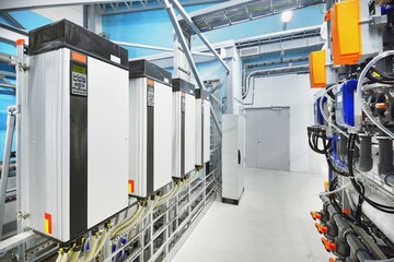 Pump station for reverse osmosis industrial city water treatment station. Wide angle perspective. Technology, chemistry, heating, work safety, supply, infrastructure