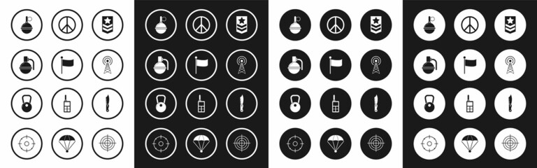 Set Chevron, Flag, Hand grenade, Radar, Peace, Military knife and Kettlebell icon. Vector