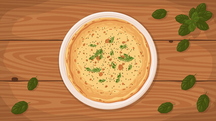 Detailed flat vector illustration of a delicious Italian style Pizza Bianca on a plate surrounded with fresh ingredients.
