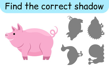 Find the correct shadow. Kids game. Educational matching game for children. Animal theme
