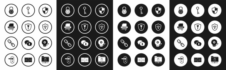 Set Shield, with key, Paper shredder confidential, Safe combination lock wheel, WiFi wireless internet network, Key, Ringing alarm bell and Chain link icon. Vector