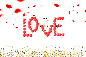 The inscription Love from hearts on a white background. Happy Valentine's Day concept. Holiday banner, web poster, flyer, stylish brochure, greeting card, cover. romantic background. 