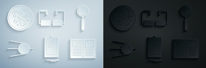 Set Clipboard with document, Magnifying glass, Satellite, Open book, Glasses and Bacteria icon. Vector