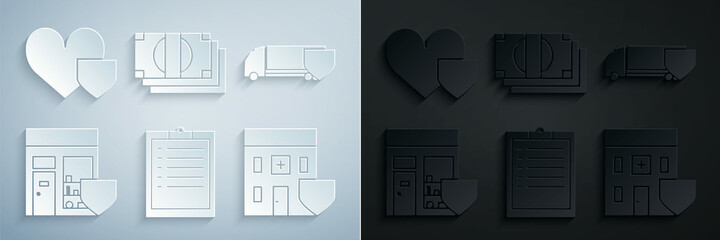 Set Clipboard with checklist, Delivery cargo truck shield, Shopping building, Medical hospital, Stacks paper money cash and Heart icon. Vector