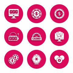 Set Casino signboard, Lucky wheel, Billiard pool snooker 8 ball, Online poker table game, chip with dollar, Slot machine lucky sevens jackpot, and slot icon. Vector