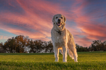 Low angle view of Golden retriever standing on the grass in beautiful light