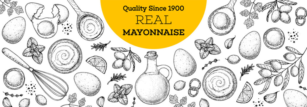 Mayonnaise sauce cooking and ingredients frame. Hand drawn sketch, vector illustration. Homemade mayonnaise sauce, design elements. Hand drawn package design. Oil and eggs.