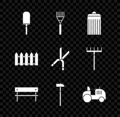 Set Garden trowel spade or shovel, rake, Trash can, Bench, Hammer, Tractor, fence wooden and Gardening handmade scissors icon. Vector