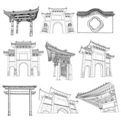 Chinese temple or Buddhist monastery with gates fragment. Archway gates or Gate Arch entrance. Torii gates traditional Japanese style gate. Asian landmarks. Cultural architecture set. Vector.