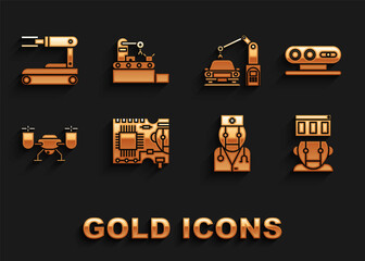 Set Printed circuit board PCB, 3d scanning system, Robot, doctor, Drone flying with action camera, Industrial machine robotic robot arm hand, and Factory conveyor belt icon. Vector