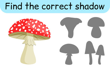 Find the correct shadow. Kids game. Educational matching game for children. Mushroom theme