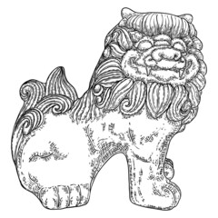 Stone lion of China statue. Drawing of lion guarding. Chinese guardian lion believed to have powerful mythic protective powers. Used in Imperial palaces and tombs, government offices, temples. Vector