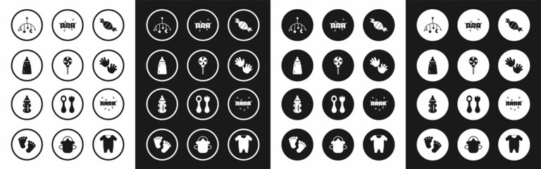 Set Candy, Lollipop, Baby bottle, crib hanging toys, hands print, Carnival garland with flags, and icon. Vector