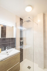 Beautiful bathroom, walk-in shower.Washbasin cabinet with a mirror and lighting
(France - 25.08.2019)