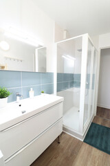 Fototapeta na wymiar Shower and white washbasin cabinet in bathroom. Green plant. (France - 19.08.2020)