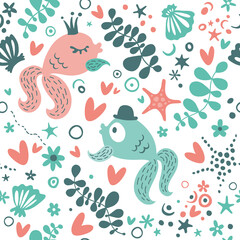 Seamless background. Cute fish, starfish, algae and hearts. Love fish. Cute sea motif.
