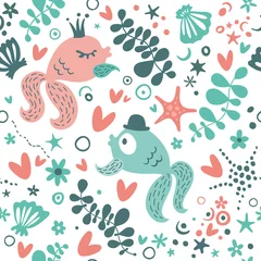 Stickers muraux Sous la mer Arrière-plan transparent. Poissons mignons, étoiles de mer, algues et coeurs. Aime le poisson. Joli motif marin.