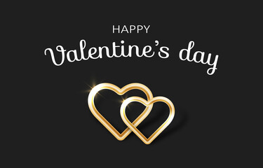 Happy Valentines day banner with two decorative golden hearts on a black background. Vector illustration
