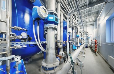 Large blue tanks in a industrial city water treatment boiler room. Wide angle perspective....