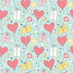 Seamless pattern with balloons, hearts, gifts and confetti.
