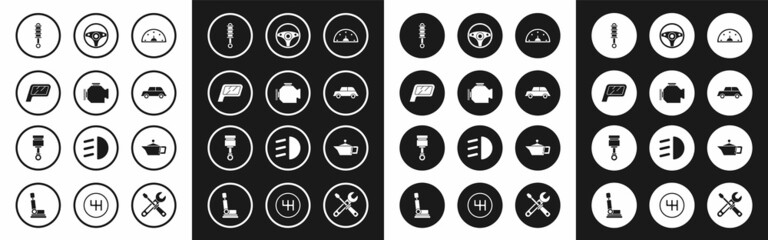 Set Speedometer, Check engine, Car mirror, Shock absorber, Steering wheel, Canister for motor machine oil and Engine piston icon. Vector