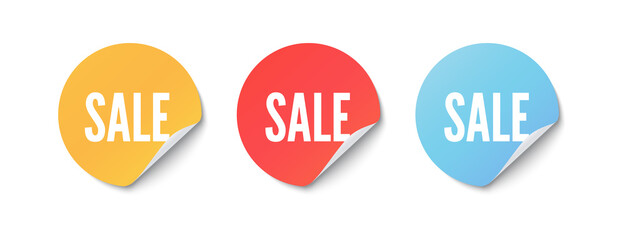 Paper round sticker set with peeling corner and shadow and text SALE realistic vector