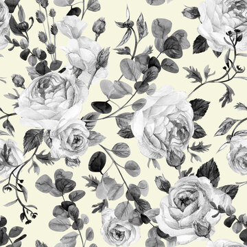 Vintage black and white seamless pattern with delicate roses and branches on a white background for textiles and retro designs