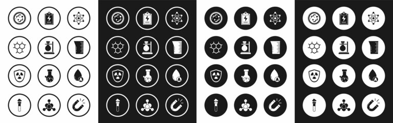 Fototapeta premium Set Atom, Test tube flask on stand, Chemical formula, Bacteria, Laboratory glassware beaker, clipboard with checklist, Water drop and Radioactive in shield icon. Vector