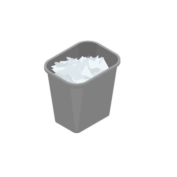 Grey plastic trash can full of crumpled paper isometric vector icon
