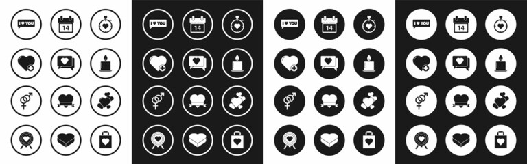 Set Heart in the center stopwatch, Like and heart, Speech bubble with I love you, Burning candle, Calendar February 14, and Gender icon. Vector