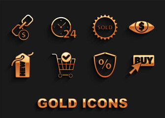 Set Shopping cart with check mark, Eye dollar, Buy button, Loan percent, Price tag New, Sold label, Chain link and coin and Clock 24 hours icon. Vector