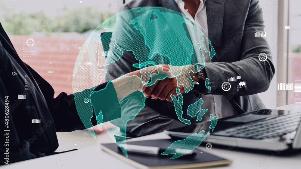 Poster conceptual business handshake with dashboard for financial data analysis . 3d render computer graphi