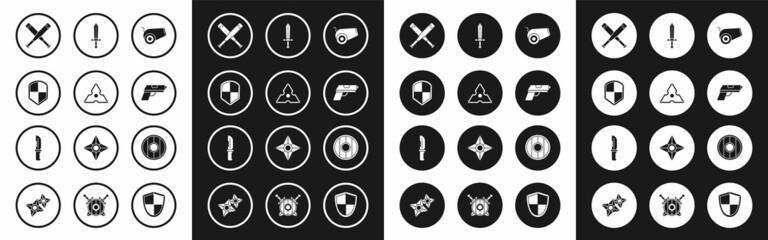 Set Cannon, Japanese ninja shuriken, Shield, Crossed baseball bat, Pistol or gun, Medieval sword, Round wooden shield and Military knife icon. Vector