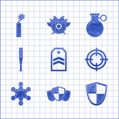 Set Chevron, Shield, Target sport, Police badge, Baseball bat, Hand grenade and Dynamite bomb stick clock icon. Vector