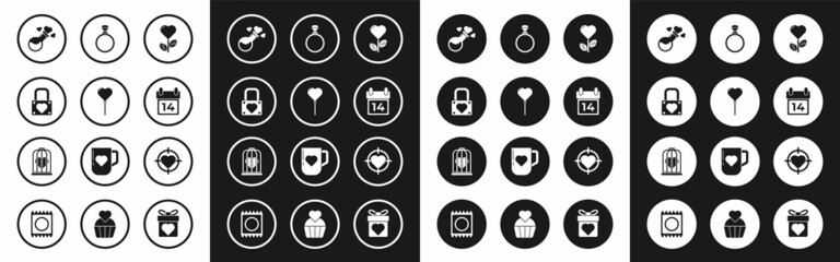 Set Heart shape in a flower, Balloons form of heart, Lock and, Bottle with love potion, Calendar February 14, Diamond engagement ring, the center darts target aim and bird cage icon. Vector