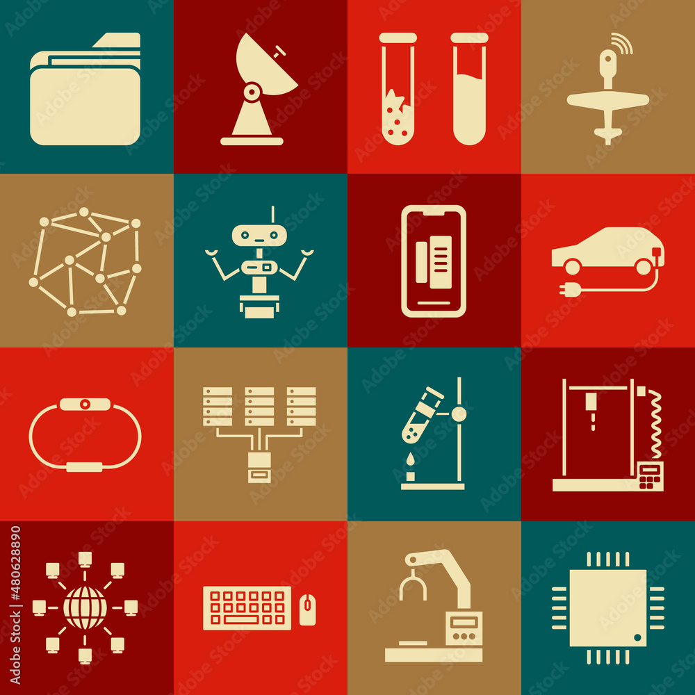 Poster set processor with microcircuits cpu, 3d printer, electric car, test tube and flask, robot, neural n