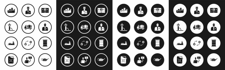 Fototapeta premium Set Stacks paper money cash, Tanker truck, Oil pump or pump jack, tanker ship, Businessman stock market trader, Oilman, Barrel oil and icon. Vector