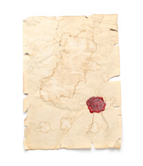 Sheet of old parchment paper with wax stamp isolated on white, top view. Space for design