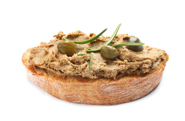 Slice of bread with delicious pate, capers and rosemary isolated on white
