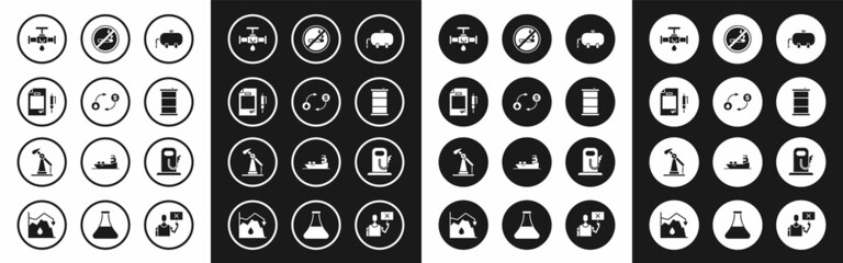 Fototapeta premium Set Oil industrial factory building, exchange, Contract money and pen, Broken pipe with leaking water, Barrel oil, No Smoking, Petrol gas station and pump pump jack icon. Vector