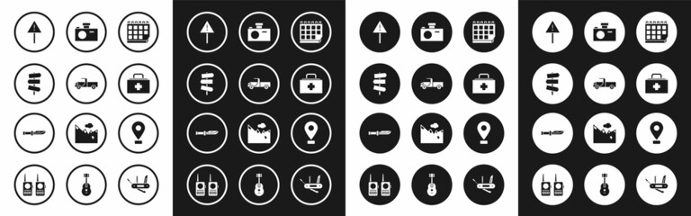 Set Calendar, Pickup truck, Road traffic signpost, Exclamation mark in triangle, First aid kit, Photo camera, Location and Camping knife icon. Vector
