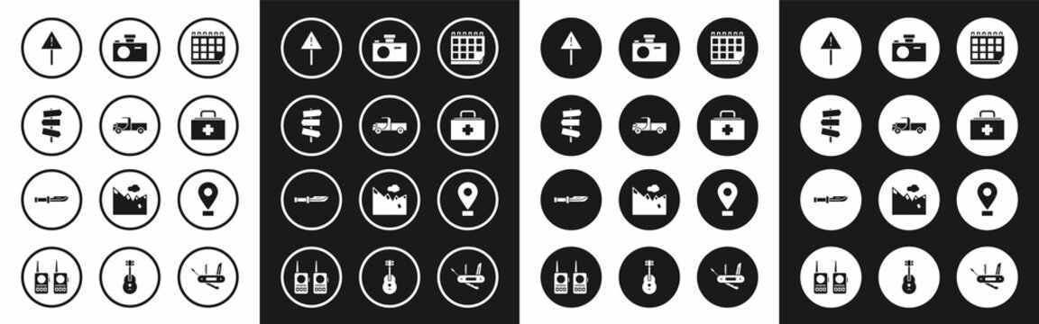 Set Calendar, Pickup truck, Road traffic signpost, Exclamation mark in triangle, First aid kit, Photo camera, Location and Camping knife icon. Vector